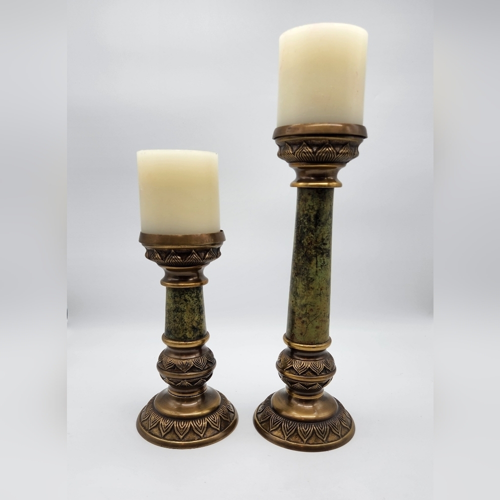1950s IMA Brass and Green Marble Candle Holders Set (2) Made In India